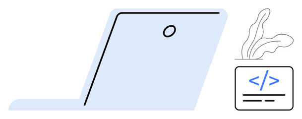 Open laptop with visible screen, coding interface featuring lines of code, and potted plant. Ideal for programming, coding, web development, productivity, creativity, remote work clean design