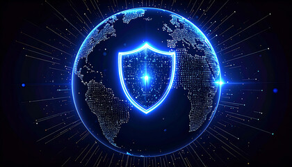 Wall Mural - blue digital shield icon positioned at the center of a transparent Earth