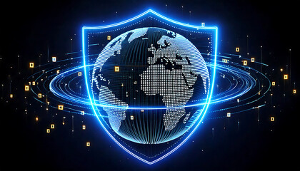 Wall Mural - blue digital shield icon positioned at the center of a transparent Earth