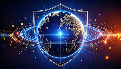Wall Mural - blue digital shield icon positioned at the center of a transparent Earth