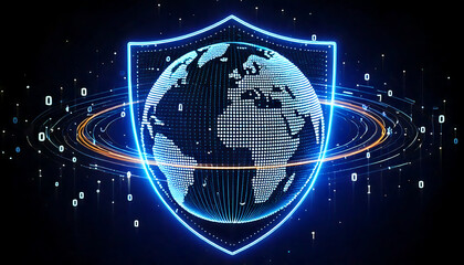 Wall Mural - blue digital shield icon positioned at the center of a transparent Earth