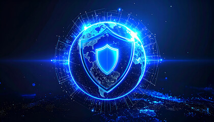 Wall Mural - blue digital shield icon positioned at the center of a transparent Earth