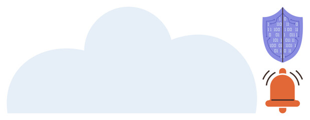 Cloud graphic symbolizing data storage, shield with binary code for cyber protection, alarm bell icon for security notifications. Ideal for technology, data safety, cybercrime, communication, server