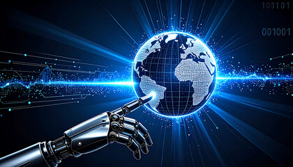 Wall Mural - The globe is composed of illuminated blue lines and points, with radiant light with ai robot hand