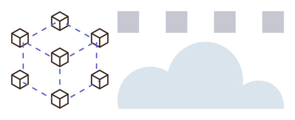 Interconnected cubes represent a blockchain network, linked to cloud storage. Ideal for blockchain, cloud computing, data storage, security, decentralization, innovation and technology. Simple flat