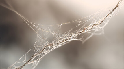 close-up of fragile spider silk web on pale blurred background, sharp filament detail, minimalist eerie with empty space