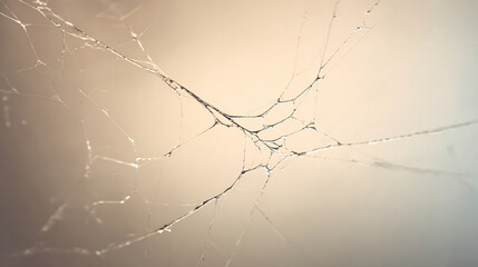 close-up of fragile spider silk web on pale blurred background, sharp filament detail, minimalist eerie with empty space