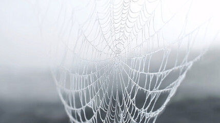 close-up of intricate spider web structure on light foggy backdrop, translucent strands, clean Halloween mood with negative space