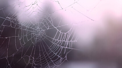 close-up of fragile spider silk web on pale blurred background, sharp filament detail, minimalist eerie with empty space