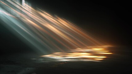 Golden light rays illuminating dark room through window blinds, creating a beautiful atmospheric effect