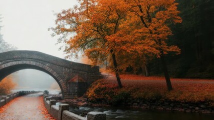 Wall Mural - stone bridge over misty river surrounded by fall foliage