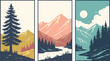 © Sharea - Alpine trio postcard set, dawn/noon/dusk vector variations with consistent palette, print-ready, palette.