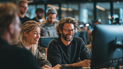 Smiling male and female software engineers working together on computer in busy office environment