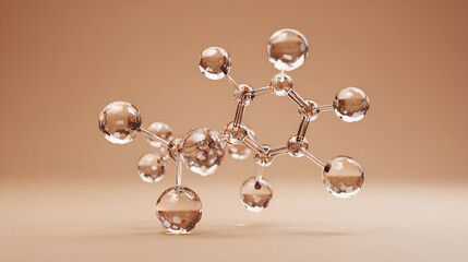 Wall Mural - Abstract 3D render of a single, sparkling glass molecular structure isolated on a warm beige background. Clean, minimalist scientific or cosmetic concept. 3d illustration Stock Illustration