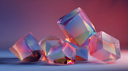 Wall Mural - Abstract Geometric Glass Shapes with Pink and Blue Gradient Lighting