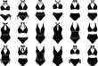 © Authentic - Collection of black and white fashion illustrations of various women s swimwear styles including bikinis and one piece swimsuits