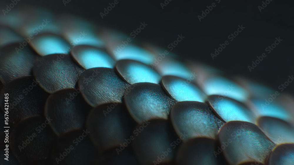 Alien skin close up with reptile scale texture glowing blue under dark ...