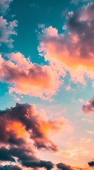 Wall Mural - dramatic sky blue sky with fiery orange and pink cumulus clouds texture