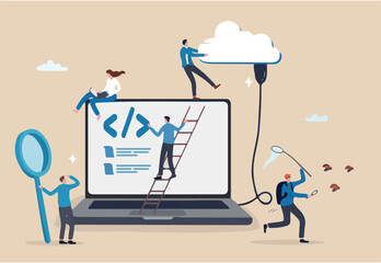 Software development, coding team, programming frontend backend framework, debugging algorithm, testing or deployment concept, young people software engineer working with online cloud computer laptop.