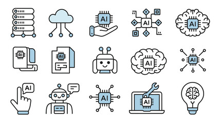 Explore the dynamic world of AI innovation with these modern icons representing intelligence, technology, data, and automation for forward-thinking businesses.