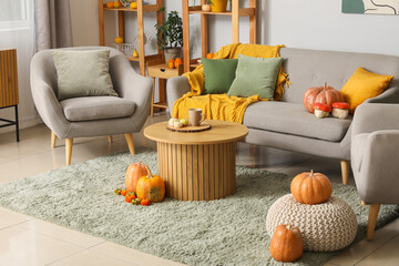 Wall Mural - Interior of modern living room with grey sofa, armchair, coffee table and pumpkins
