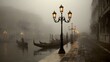 A misty canal scene in Venice, with gondolas moored alongside, illuminated by warm street lamps.