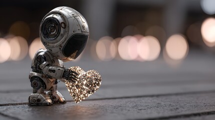 A small, metallic robot holds a glowing heart, symbolizing affection and technological advancement in a soft, twilight setting.