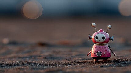 A charming little pink robot stands on a sandy ground, bathed in soft light.