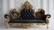 © Jojo* - Luxurious, ornately carved, black leather sofa with gold accents, set against a backdrop of elegant white walls.