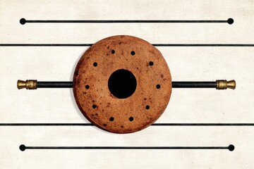 A terracotta disc suspended by metal rods.