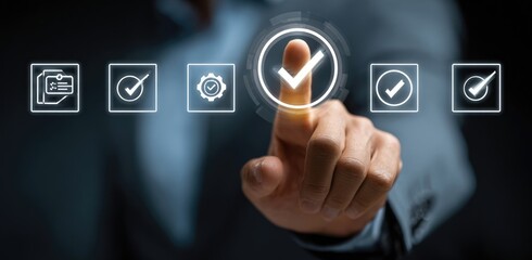 A hand interacts with a holographic interface displaying checkmarks and icons, signifying approval or completion of tasks