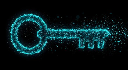 Glowing blue digital key with streaming binary numbers illustrating cyber security and encryption