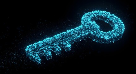 Glowing blue digital key with streaming binary numbers illustrating cyber security and encryption
