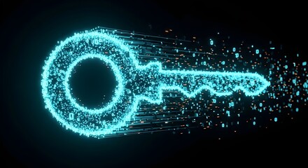 Glowing blue digital key with streaming binary numbers illustrating cyber security and encryption