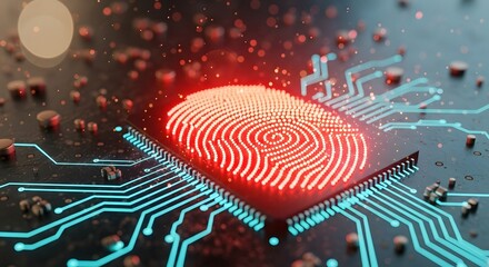 Fingerprint integrated into circuit design, minimalist cyber security technology concept with abstract background