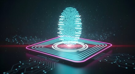 Fingerprint integrated into circuit design, minimalist cyber security technology concept with abstract background
