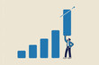 © RABBI - Growth or improvement, increase sales or revenue raising, growing business or develop marketing plan to help gain more profit concept, confident businessman help lift up bar graph to new high level.