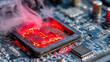 © SMART.art - Macro close-up of smoking CPU with red glowing cracks and sparks on motherboard showing severe hardware malfunction