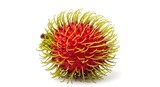 A single rambutan fruit with its spiky rind, isolated on a white background.