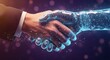 © Graphic - businessman hand shaking with robotic AI hand hologram to confirm with dealing for future business and technology innovation of business innovation concept
