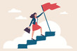 © RABBI - Success fearless female entrepreneur, woman leadership or challenge and achievement concept, success businesswoman on top of career staircase holding winning flag looking for future visionary.