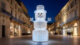 A large, illuminated snowman, crafted from plastic bottles, stands in a bustling city street at night, showcasing festive holiday decorations and pedestrian activity.