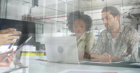 Wall Mural - animation of people walking over diverse business people working at office