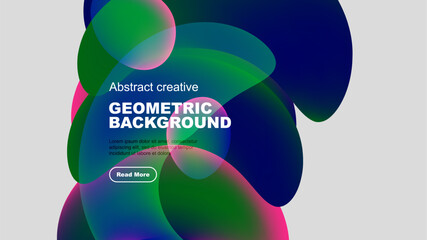 Wall Mural - Abstract colorful shapes overlap, creating dynamic geometric background. Text block present with button. Modern design elements visible.