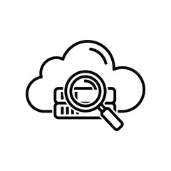Cloud Data Search: A clean line drawing illustrating the concept of searching and analyzing information within cloud data storage.
