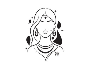 vector graphic illustration includes logo elements and features a female figure in golden jewelry, all in a simple sacred line art style for branding.