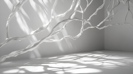 White room with abstract branchlike structure casting shadows