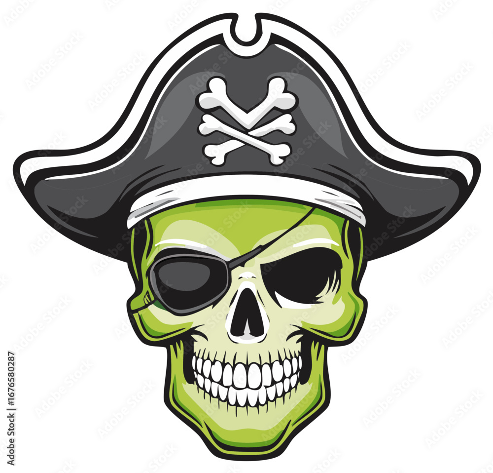 Green pirate skull wearing an eyepatch and tricorn hat with crossed ...