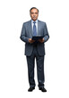 © Vectarica - Full body shot of a serious businessman in a suit holding a clipboard stock photo image isolated on transparent background