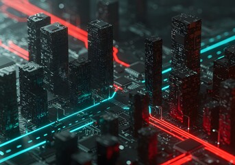 Abstract 3d circuit city concept of connection. Digital skyscrappers